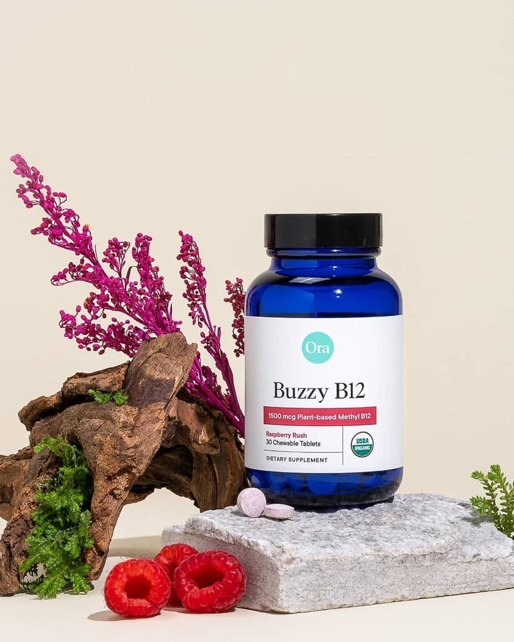 Ora Organic Vitamina B12 1500mcg - Metilcobalamina Vegetal - 30 Comprimidos Masticables Sabor Frambuesa