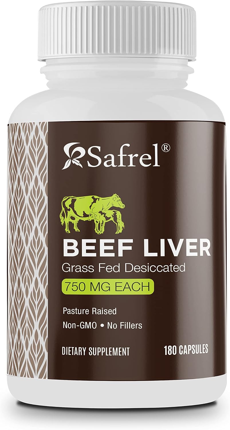 Safrel Grass Fed Cápsulas de Hígado de Res Deshidratado – 750mg – Sin Rellenos – Hierro, Vitamina A y B12 Naturales