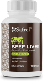 Safrel Grass Fed Cápsulas de Hígado de Res Deshidratado – 750mg – Sin Rellenos – Hierro, Vitamina A y B12 Naturales
