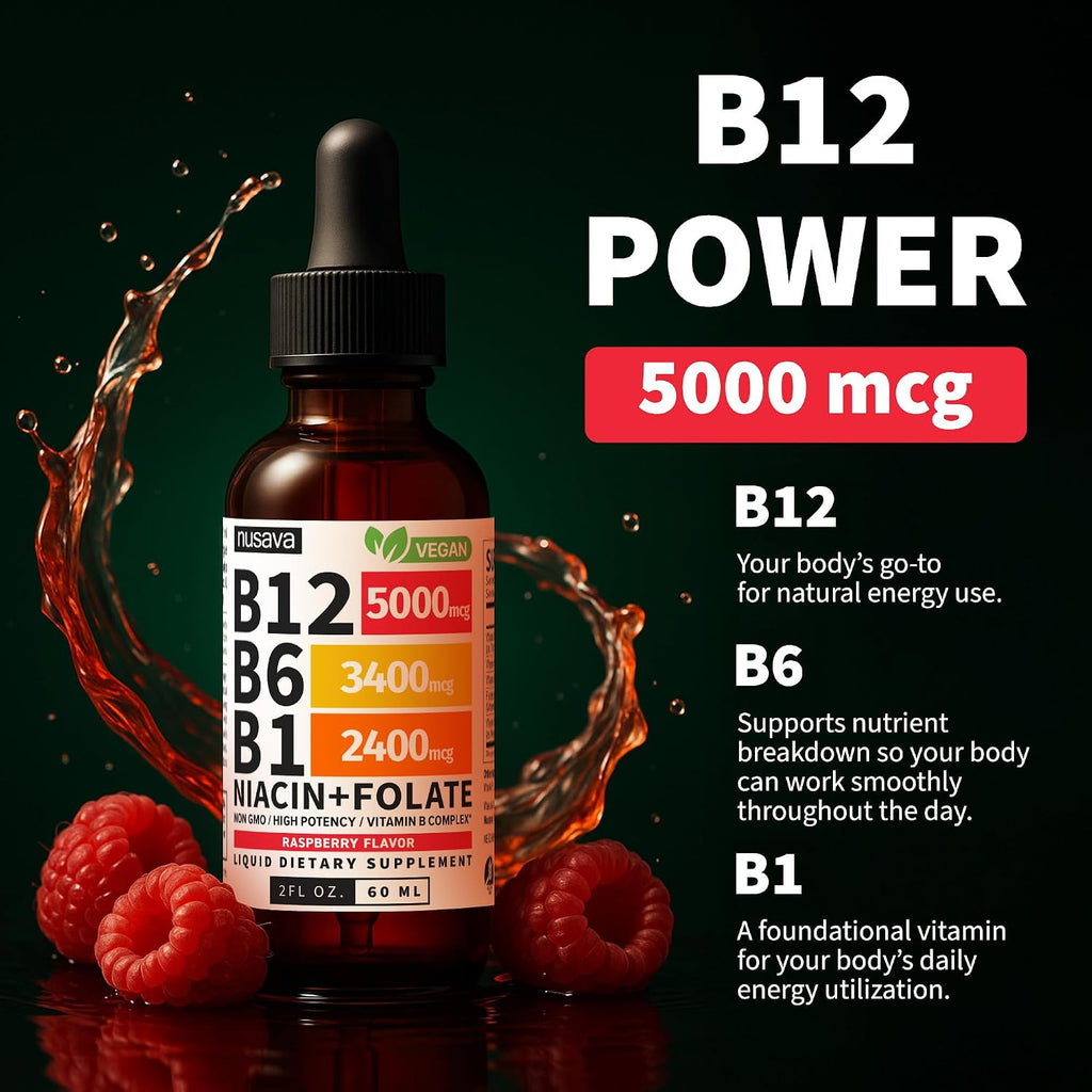 NUSAVA (Pack de 4) Gotas Líquidas de Vitamina B12 5000 mcg - Complejo B con B6 y B1 - Metilcobalamina - Sabor Frambuesa - Vegano, Sin Gluten (2 Fl Oz, 160 Dosis)
