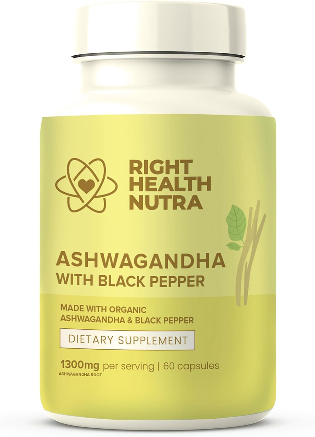 Right Health Nutra Ashwagandha Cápsulas - 1300mg por Dosis con Pimienta Negra - 60 Cápsulas