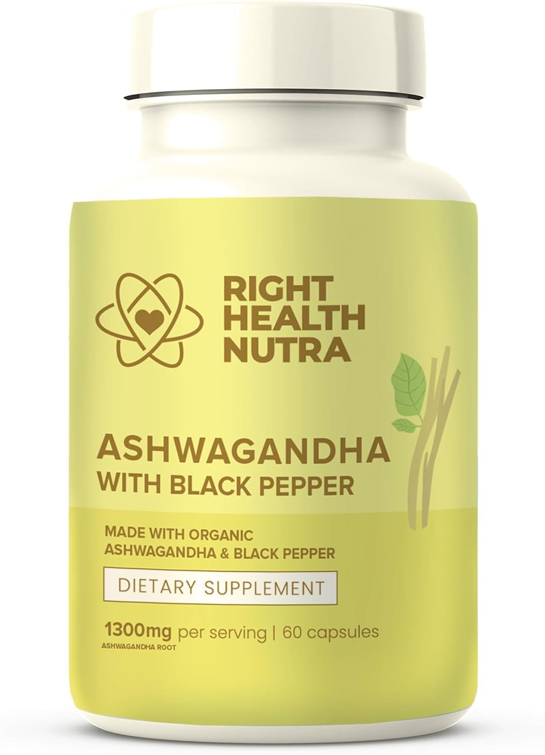 Right Health Nutra Ashwagandha Cápsulas - 1300mg por Dosis con Pimienta Negra - 60 Cápsulas