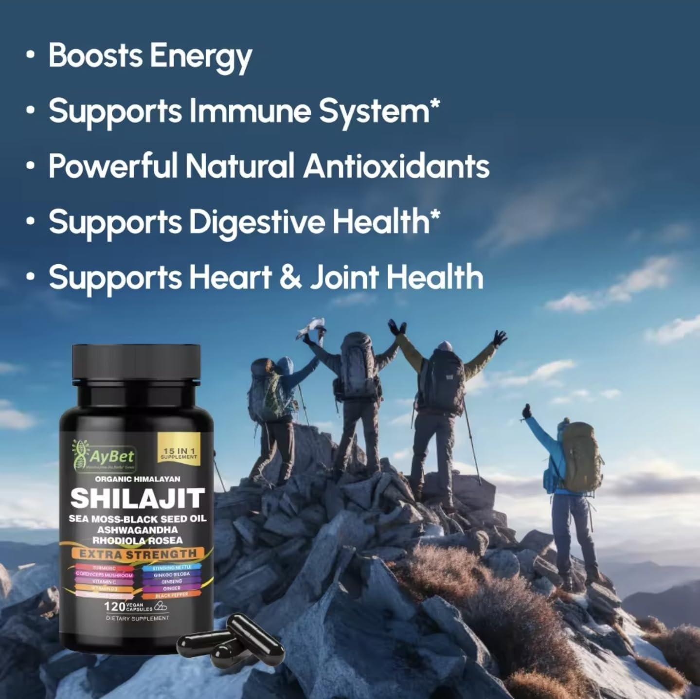 AyBet Shilajit Orgánico Himalayo - 15 Ingredientes - 120 Cápsulas