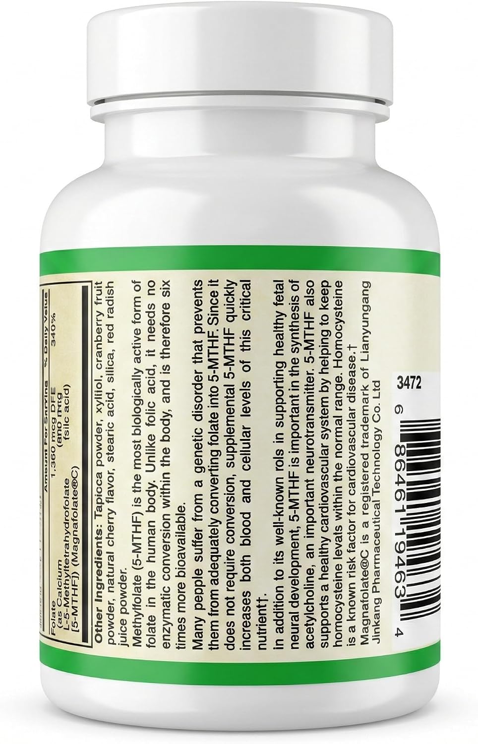 AlchePharma Metilfolato Coenzimado 1.360 mcg DFE - L-5-MTHF Bioactivo - Sin Gluten, Vegano, No OMG - Sabor Cereza Natural - 60 Comprimidos