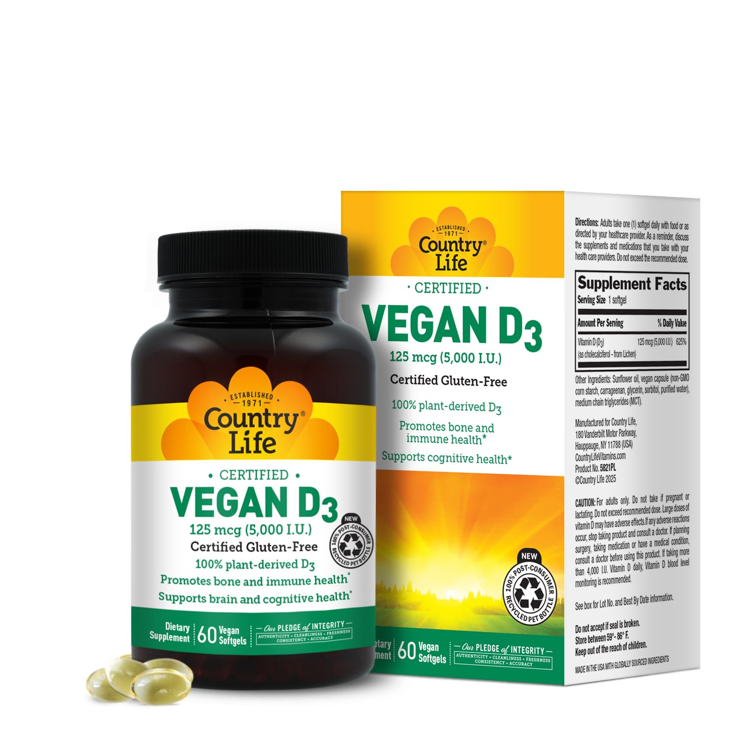 Country Life Vegan D3 5000 UI – Vitamina D3 Vegana de Liquen – 60 Cápsulas Blandas