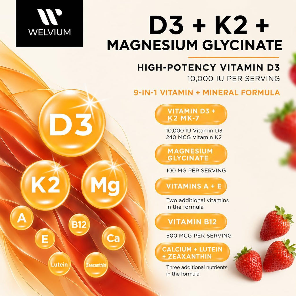 Gominolas de Vitamina D3 K2 10000 UI con Magnesio, Calcio, B12, Luteína, Zeaxantina - Complemento ADK Masticable