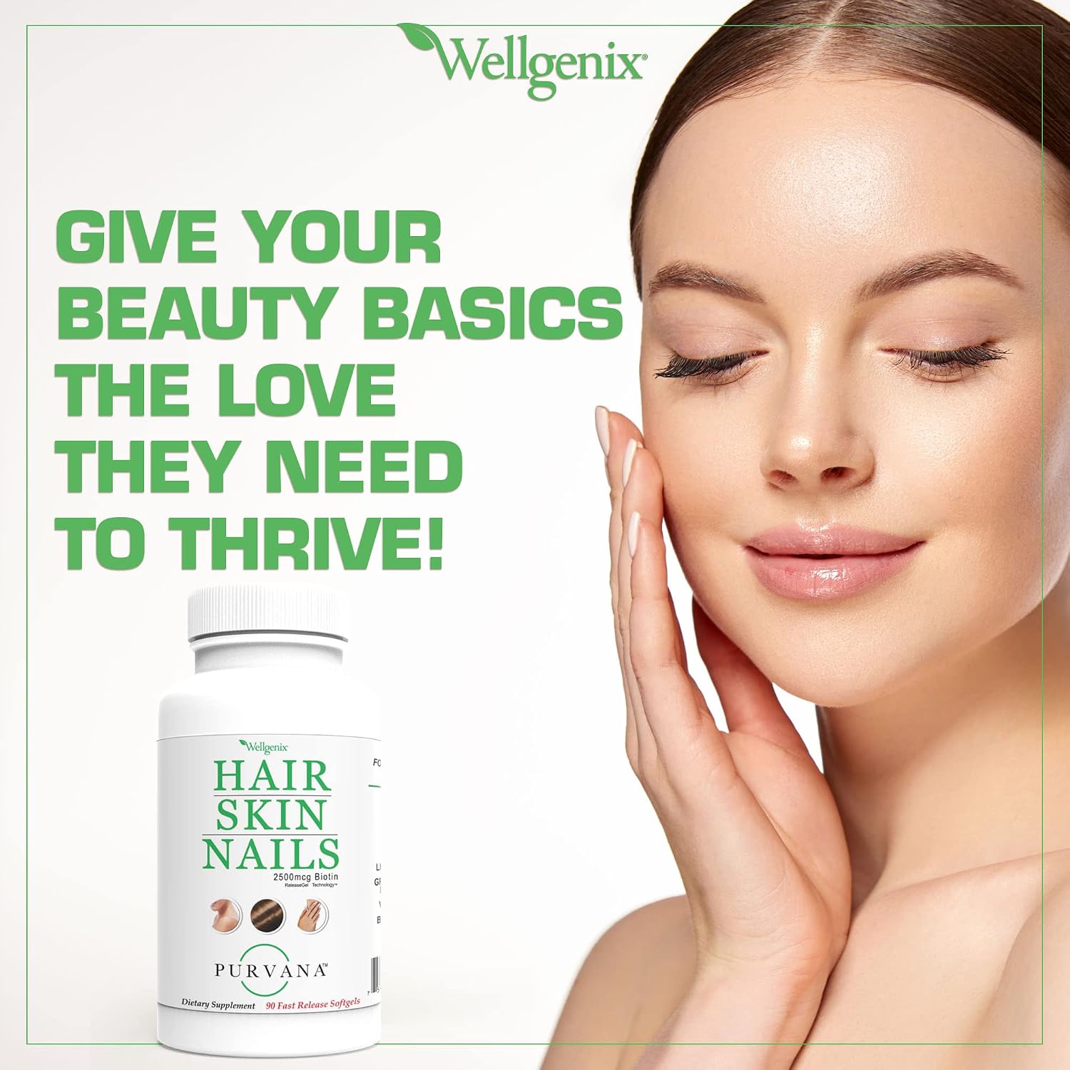 Wellgenix Purvana Suplemento para Cabello, Piel y Uñas – 2500mcg Biotina con MSM y Complejo B – 90 Cápsulas Blandas