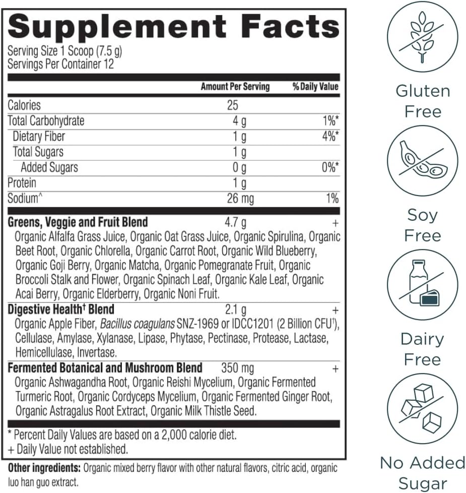 Ancient Nutrition SuperGreens en Polvo con Probióticos, Sabor Berry Orgánico, 12 Porciones, 91g
