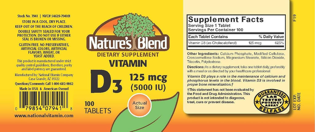 Nature's Blend Vitamina D3, 5000 UI, 100 Tabletas