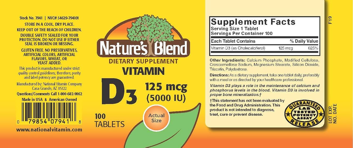 Nature's Blend Vitamina D3, 5000 UI, 100 Tabletas