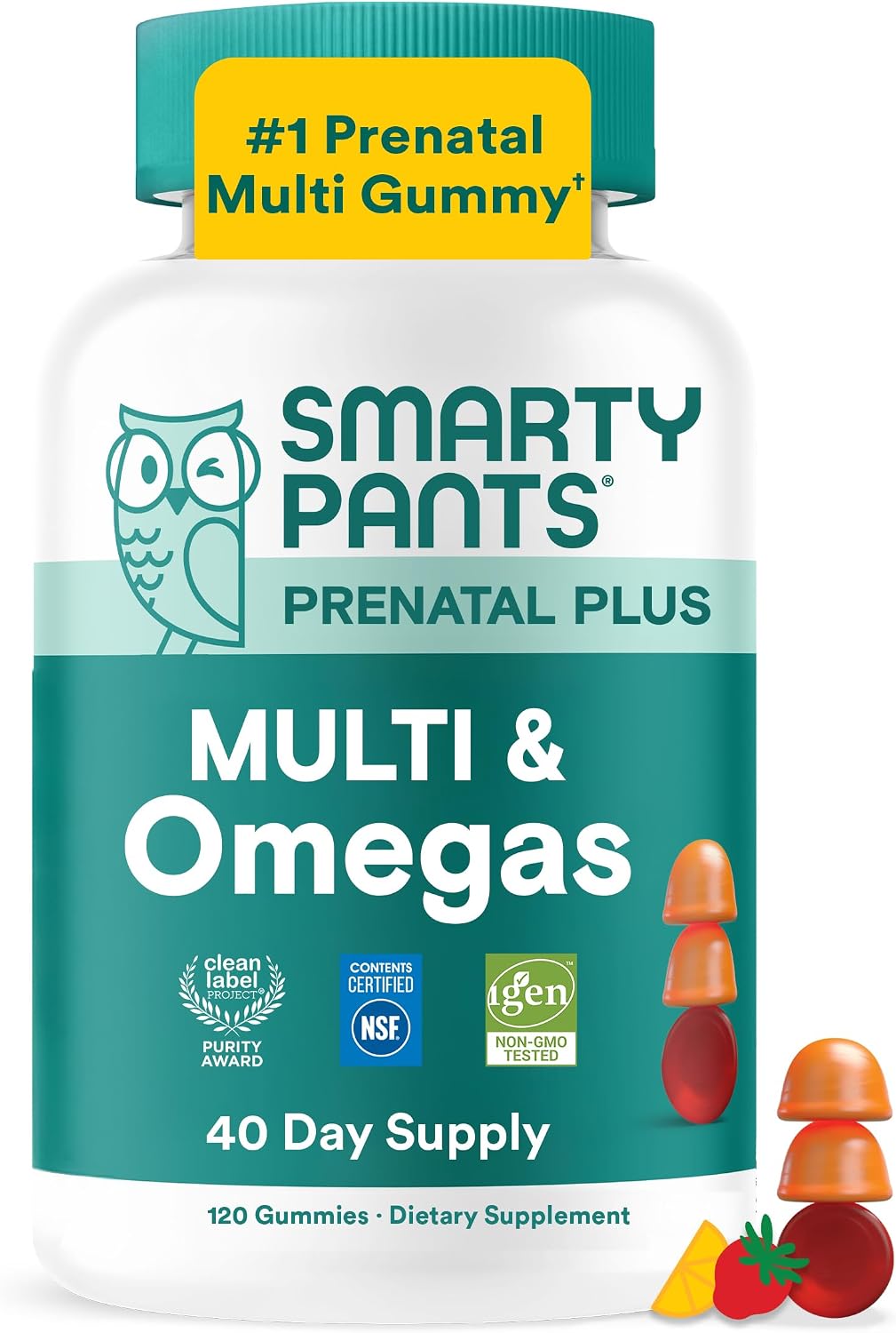 SmartyPants Prenatal Multivitamin Gummies, Omega 3 (DHA/EPA), Metilfolato, Biotina, Vitamina D3, C, Vitamina B12, B6, Vitamina A, K y Zinc, Sin Gluten, 120 Gominolas (40 Días)