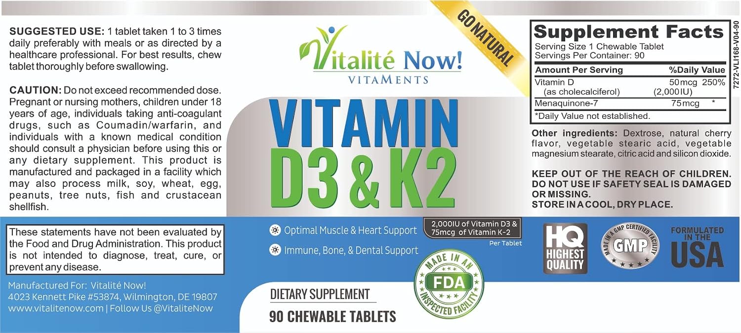 Vitalité Now! Vitamina D3 2000 UI + K2 MK7 - 90 Comprimidos Masticables - Sabor Cereza