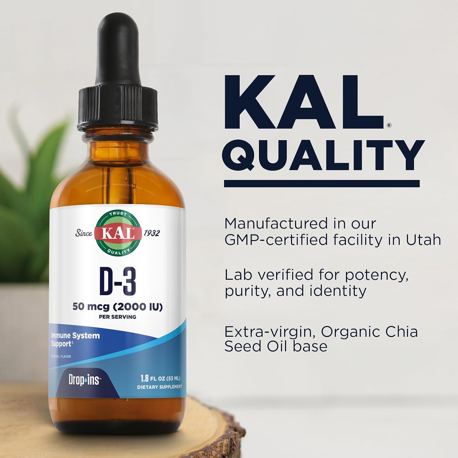 KAL Vitamin D3 2000 IU (50 mcg) Liquid Drops - Bone & Immunity Supplement