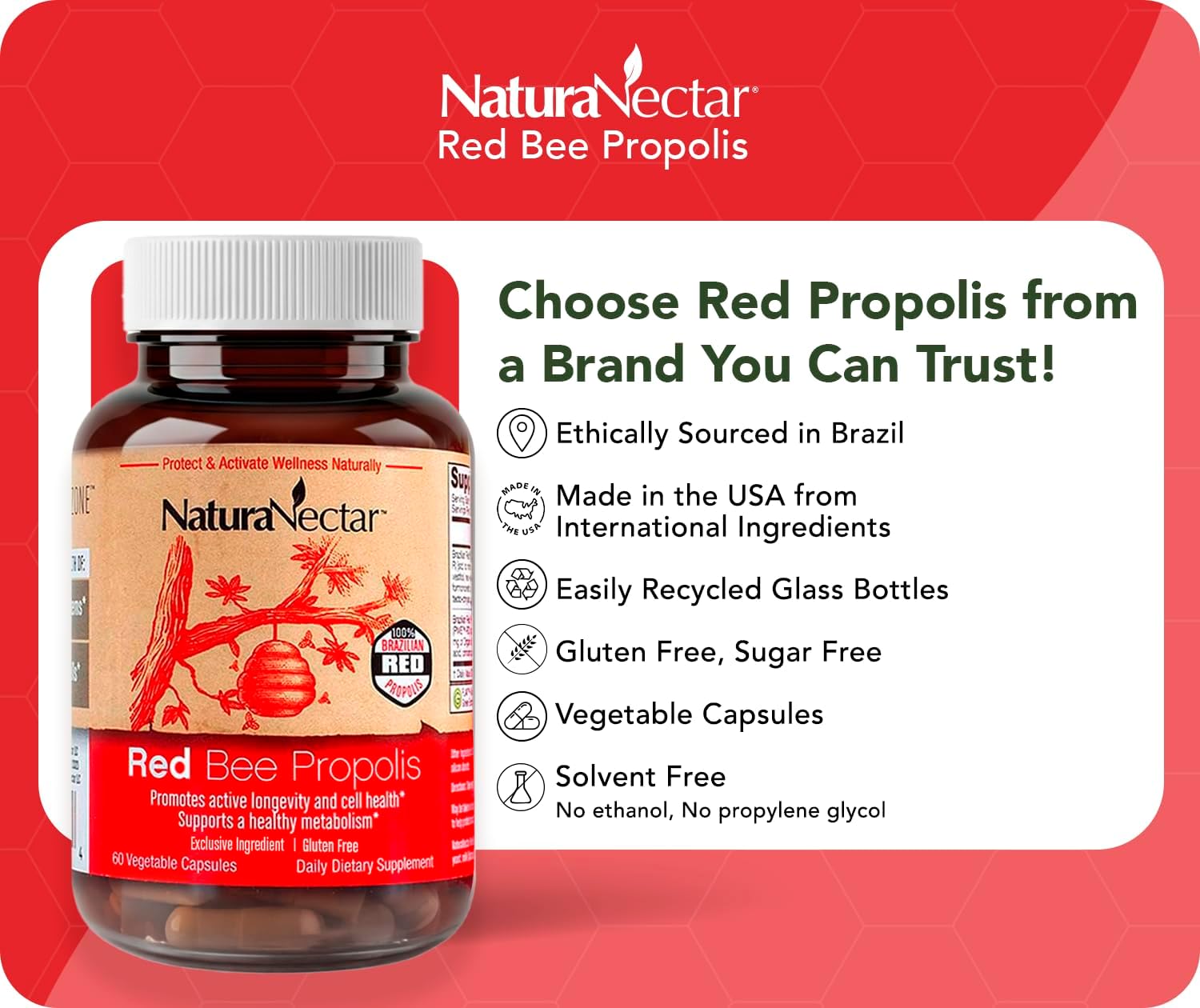 NaturaNectar Propóleo de Abeja Rojo, 60 Cápsulas Vegetales