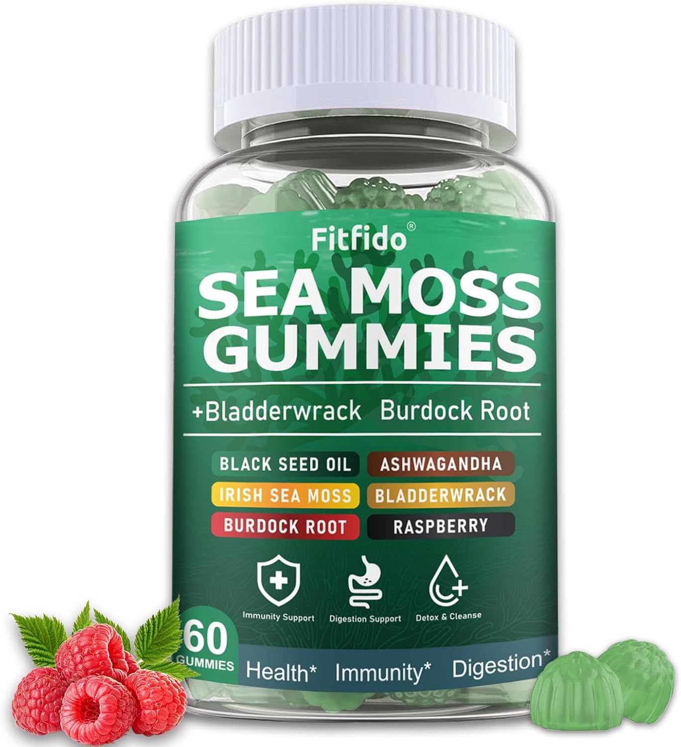 Fitfido Gominolas de Musgo de Mar Irlandés 3000mg con Bladderwrack, 60 unidades