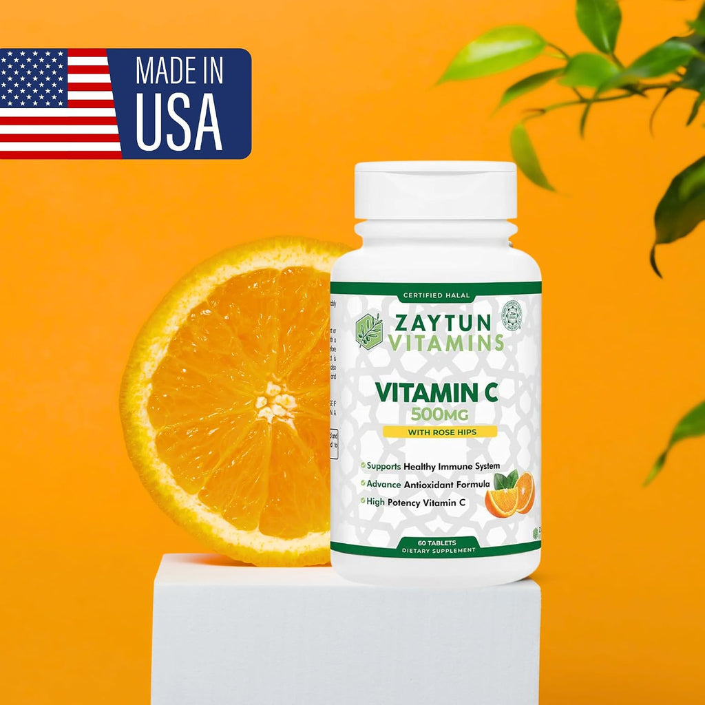 Zaytun Halal Vitamina C 500 mg con Escaramujo y Bioflavonoides - 60 Comprimidos Vegetarianos