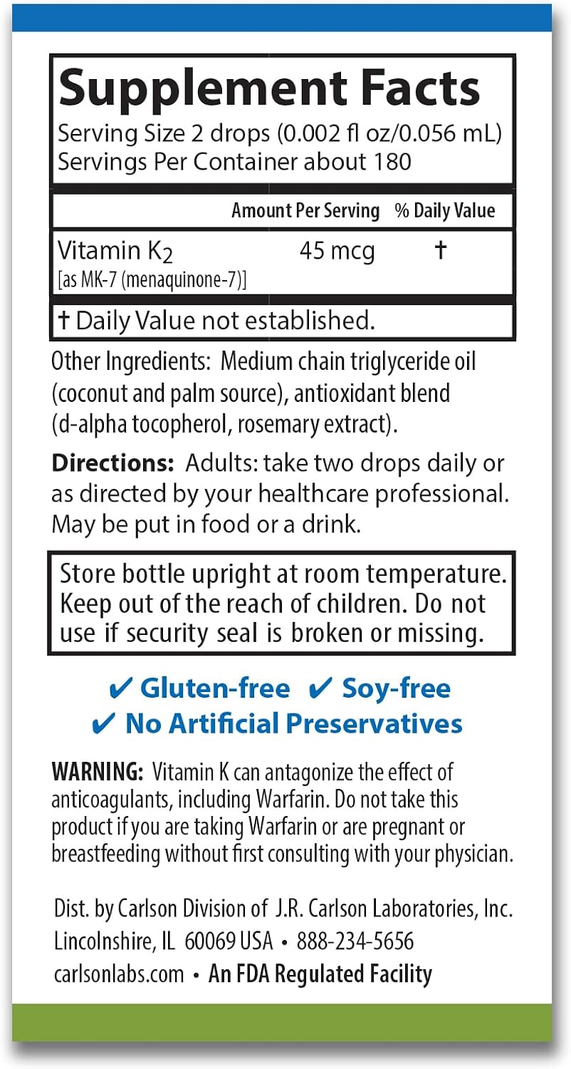 Carlson - Super Daily K2, 45 mcg Vitamina K2 Líquida, MK-7, Sin Sabor, 360 Gotas (10.16 ml)