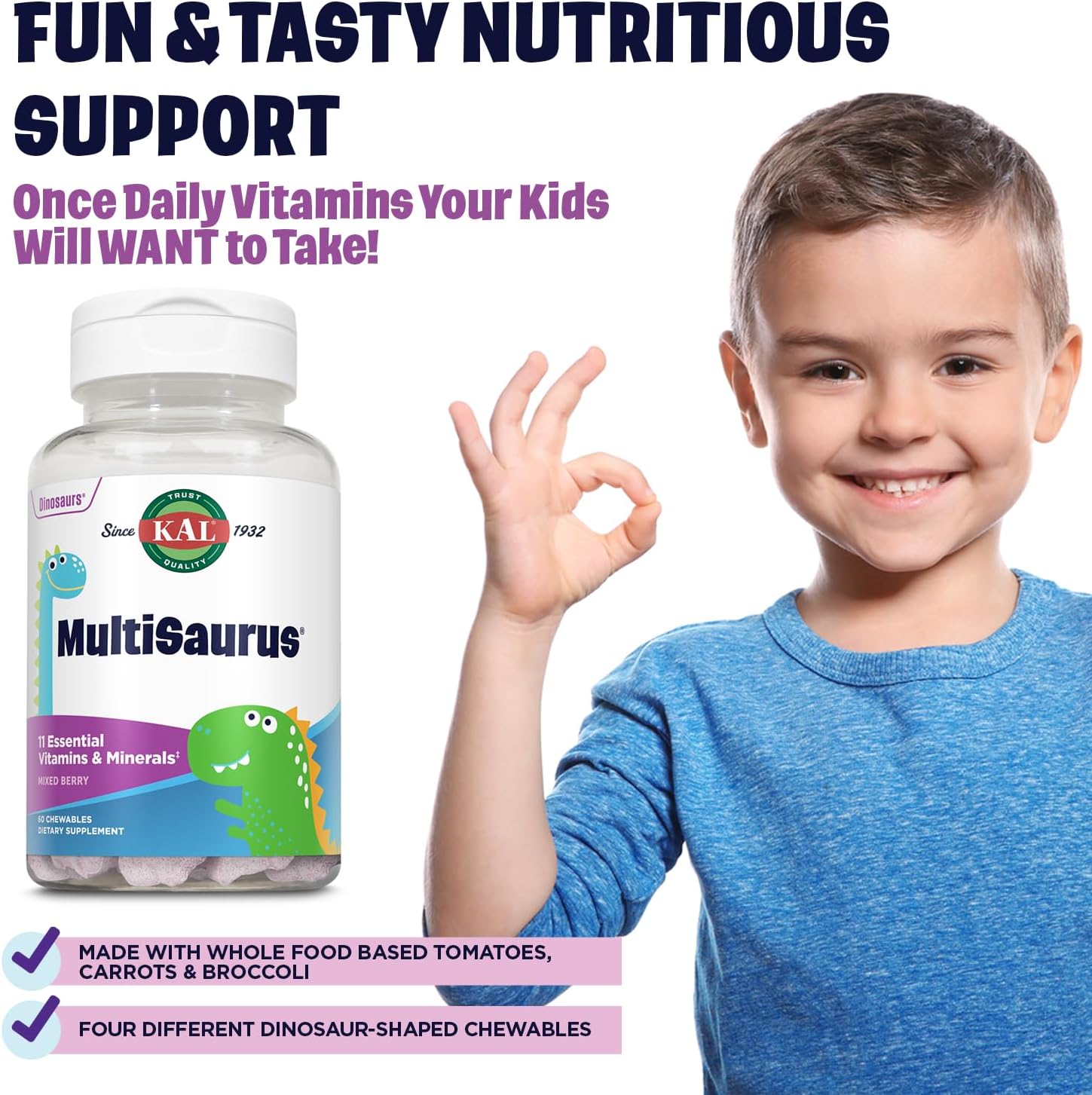 KAL MultiSaurus Multivitamínico Infantil Masticable, 11 Vitaminas y Minerales, Sabor Bayas, 60 Comprimidos