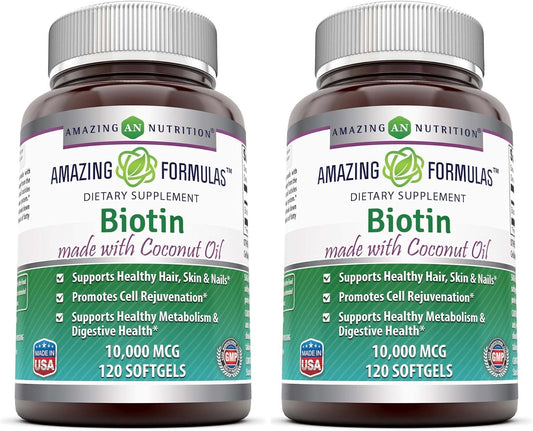 Amazing Formulas Biotina con Aceite de Coco Virgen Extra | 10000 mcg | 120 Cápsulas Blandas (2 Envases)