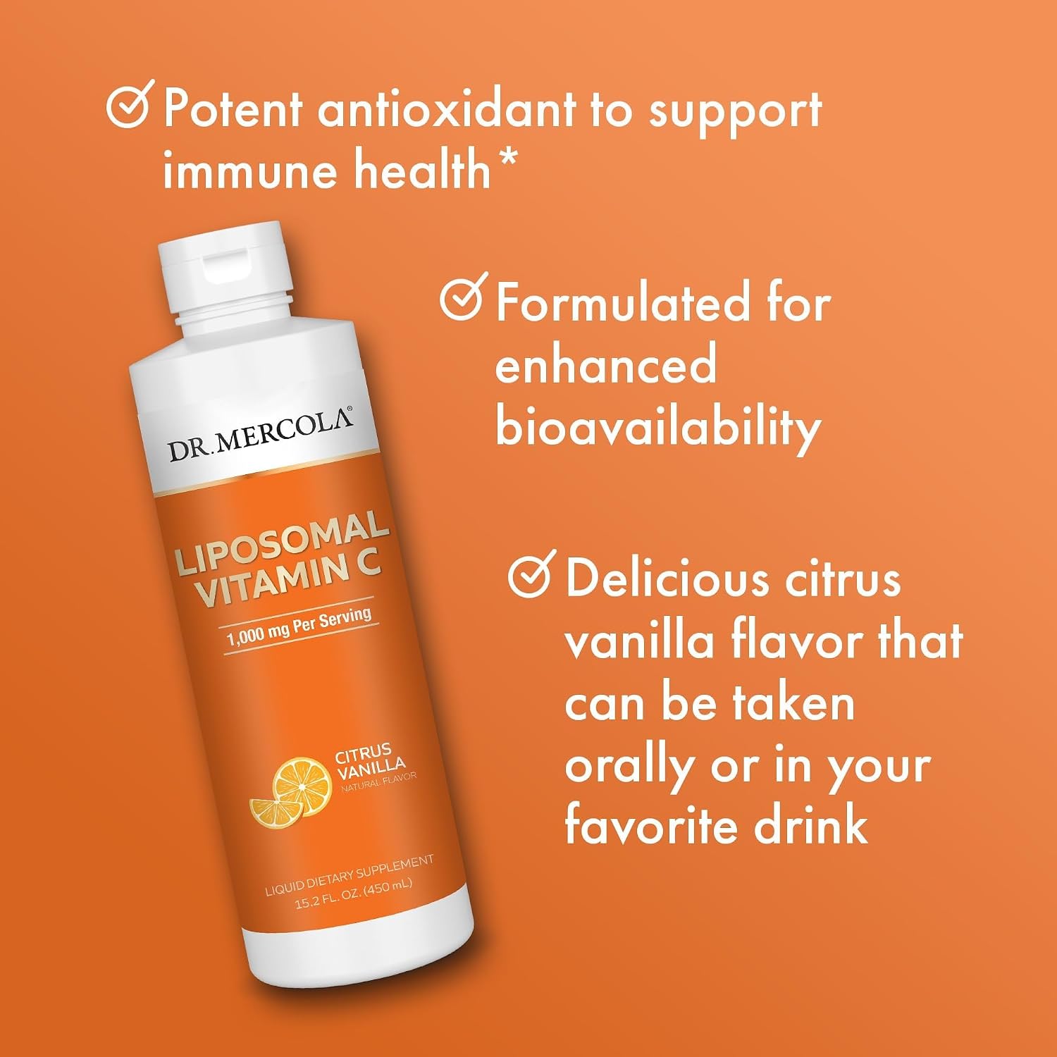 Dr. Mercola Vitamina C Líquida Liposomal con Vitamina E - Sabor Cítrico Vainilla - 450 ml (30 dosis)