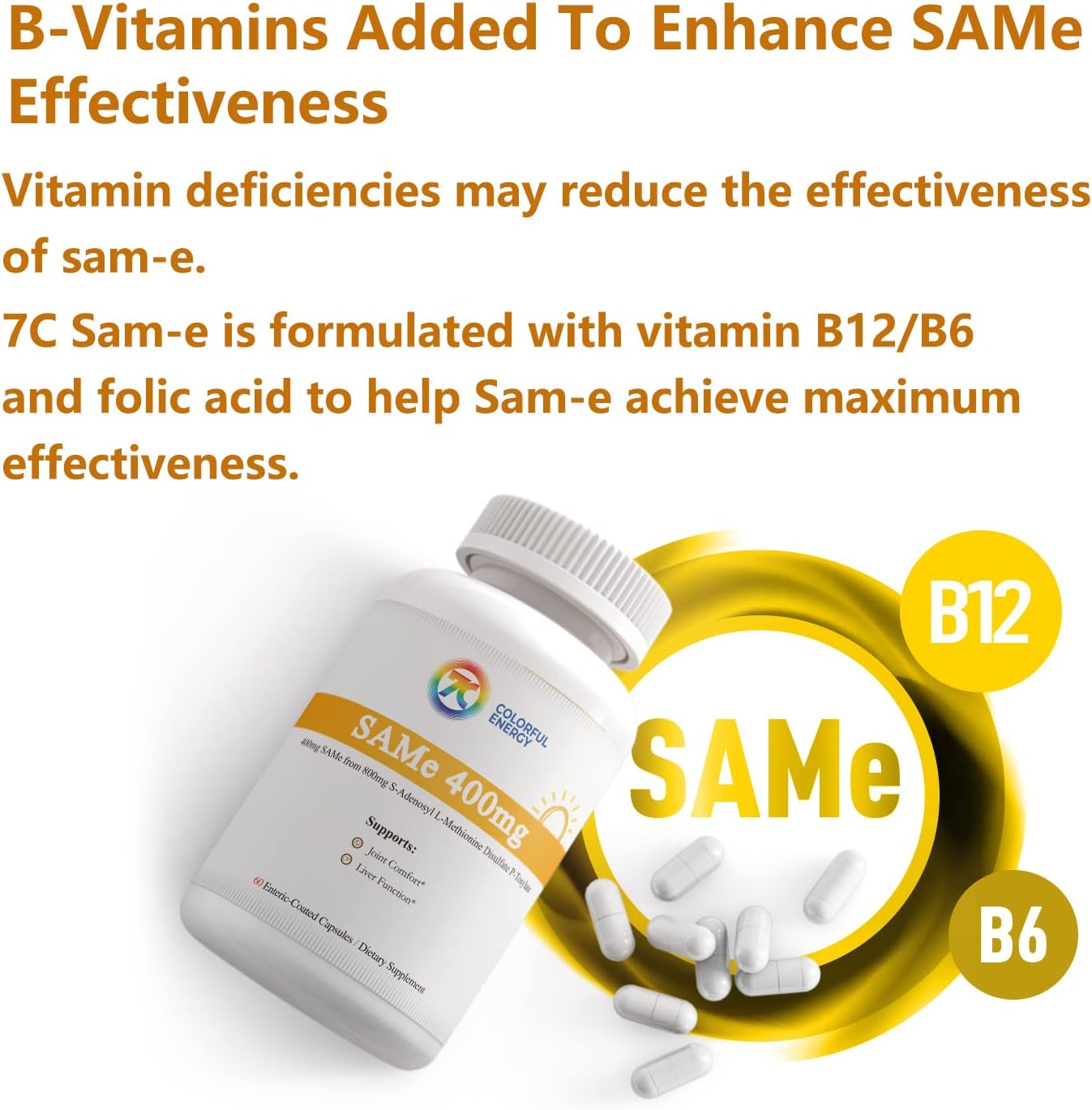 7c SAM-e 400 mg (S-Adenosilmetionina) con Vitaminas B6 y B12, Estado de Ánimo y Confort Articular, Vegano, Sin Gluten, 60 Cápsulas Gastrorresistentes