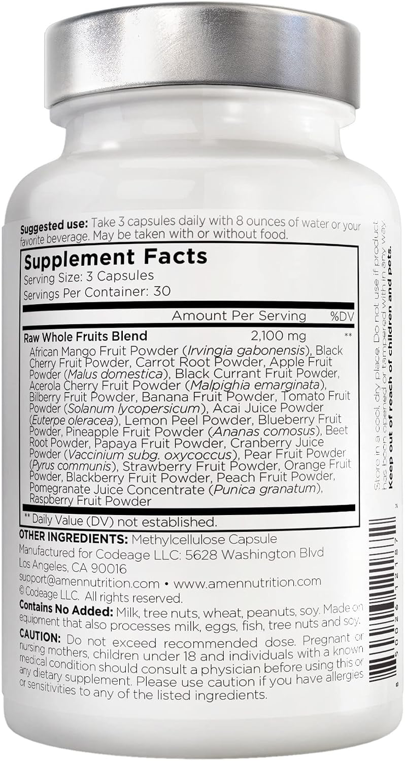 Amen Fruits, Suplemento Diario de Vitaminas con Más de 20 Extractos de Frutas Enteras - Multivitamínico Natural, Bayas, Antioxidantes, Polifenoles y Flavonoides - No-GMO - 90 Cápsulas