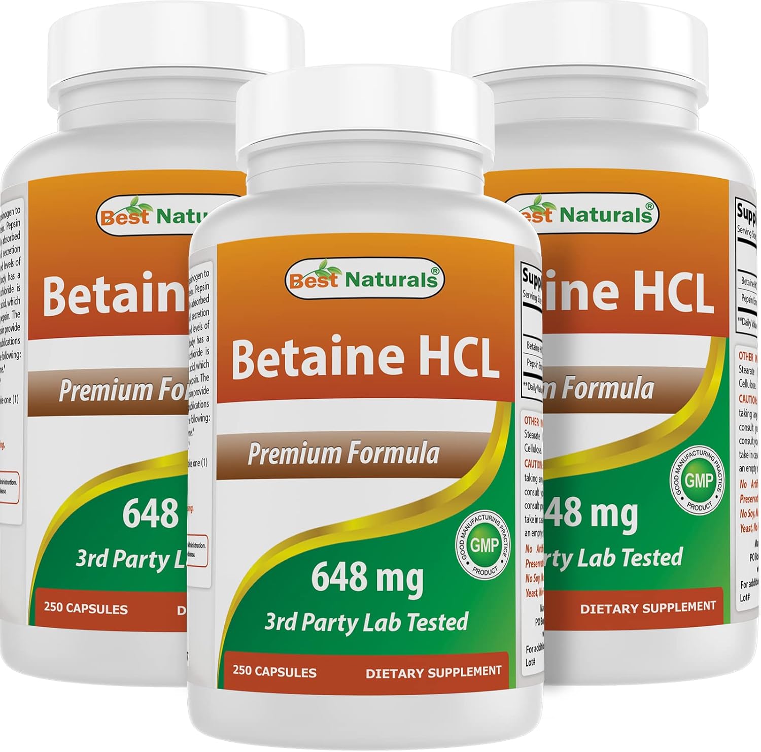 Best Naturals Betaine HCL 648 mg, 250 Cápsulas (Pack de 3)