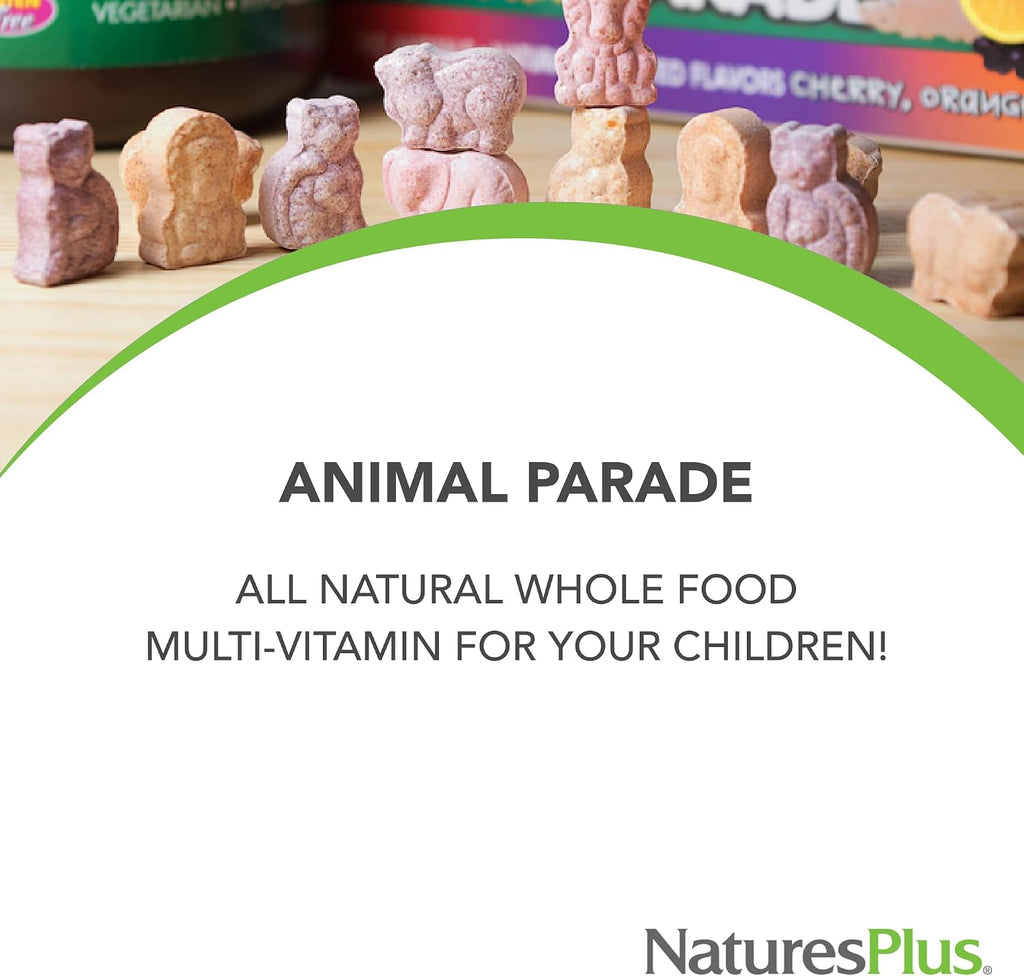 NaturesPlus Animal Parade Gold Children's Multivitamin - 120 Animal-Shaped Chewable Tablets - Cherry, Orange & Grape Flavors - Vegan, Gluten-Free