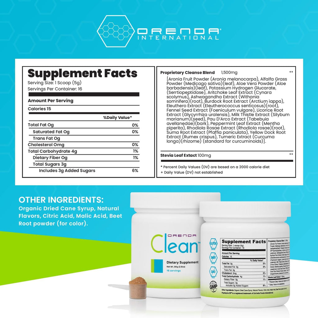 Orenda Clean® 18-Botanical Supplement Powder with Serrapeptase & Milk Thistle, Aronia Berry, Turmeric & Ashwagandha, Liver Support 80g