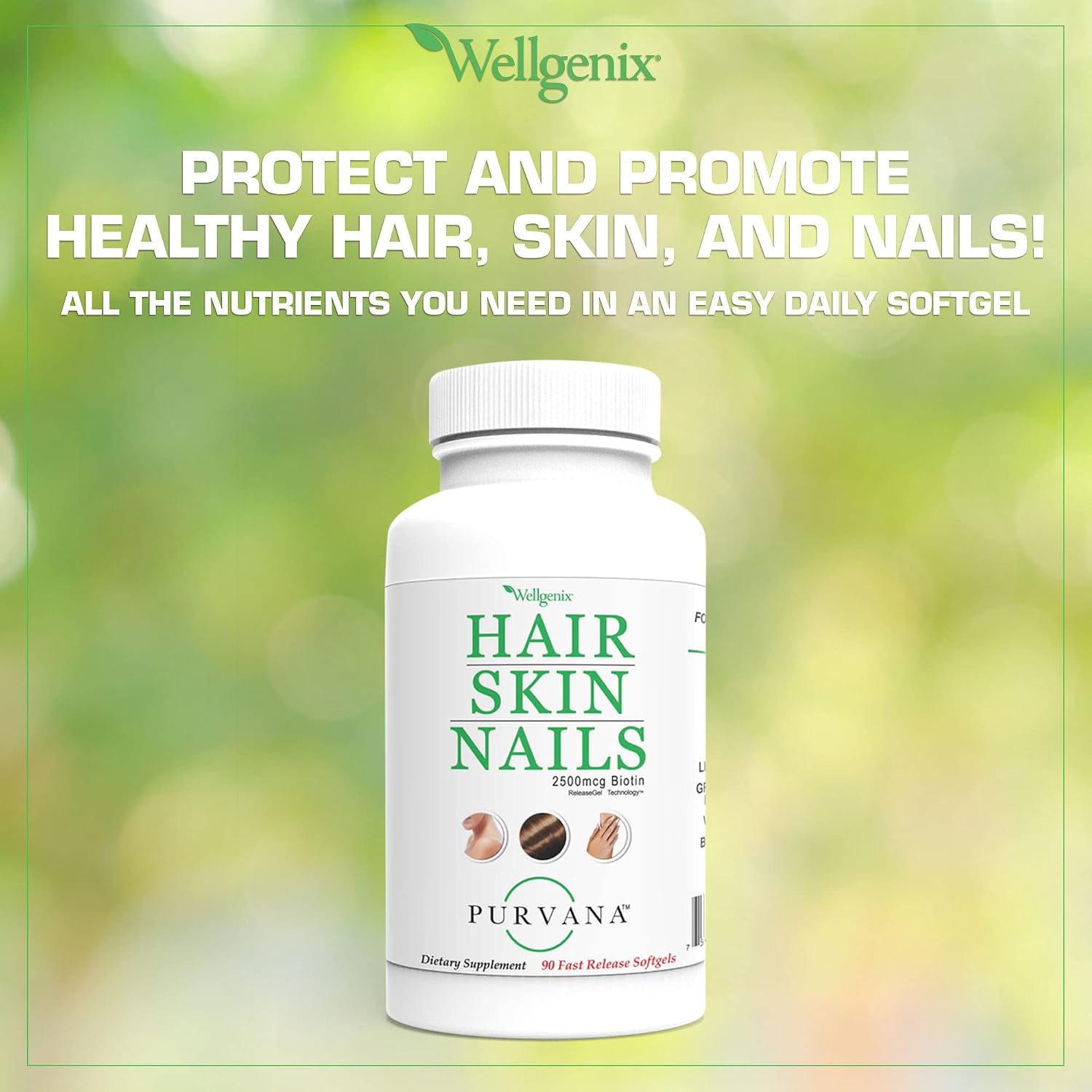 Wellgenix Purvana Suplemento para Cabello, Piel y Uñas – 2500mcg Biotina con MSM y Complejo B – 90 Cápsulas Blandas