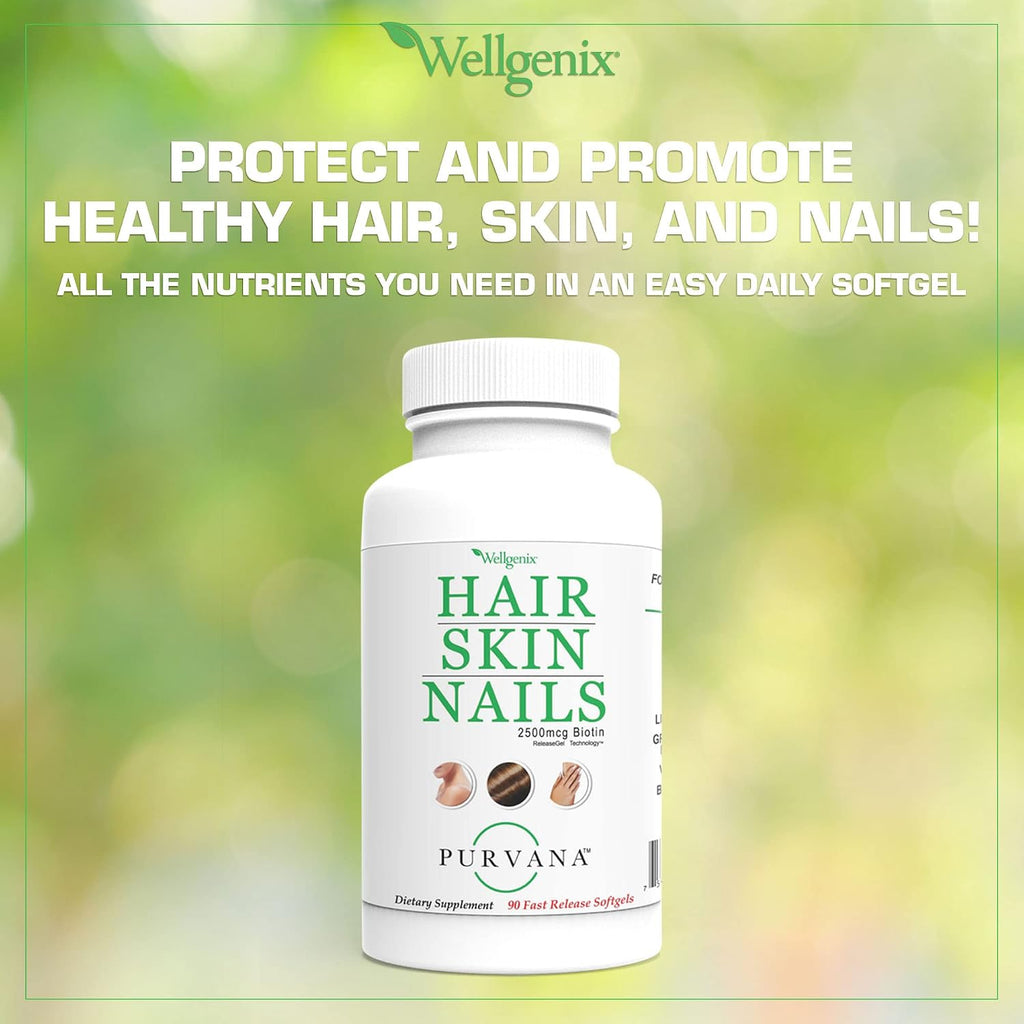 Wellgenix Purvana Suplemento para Cabello, Piel y Uñas, 2500mcg Biotina, MSM y Complejo B, 180 Cápsulas Blandas (2 Paquetes)