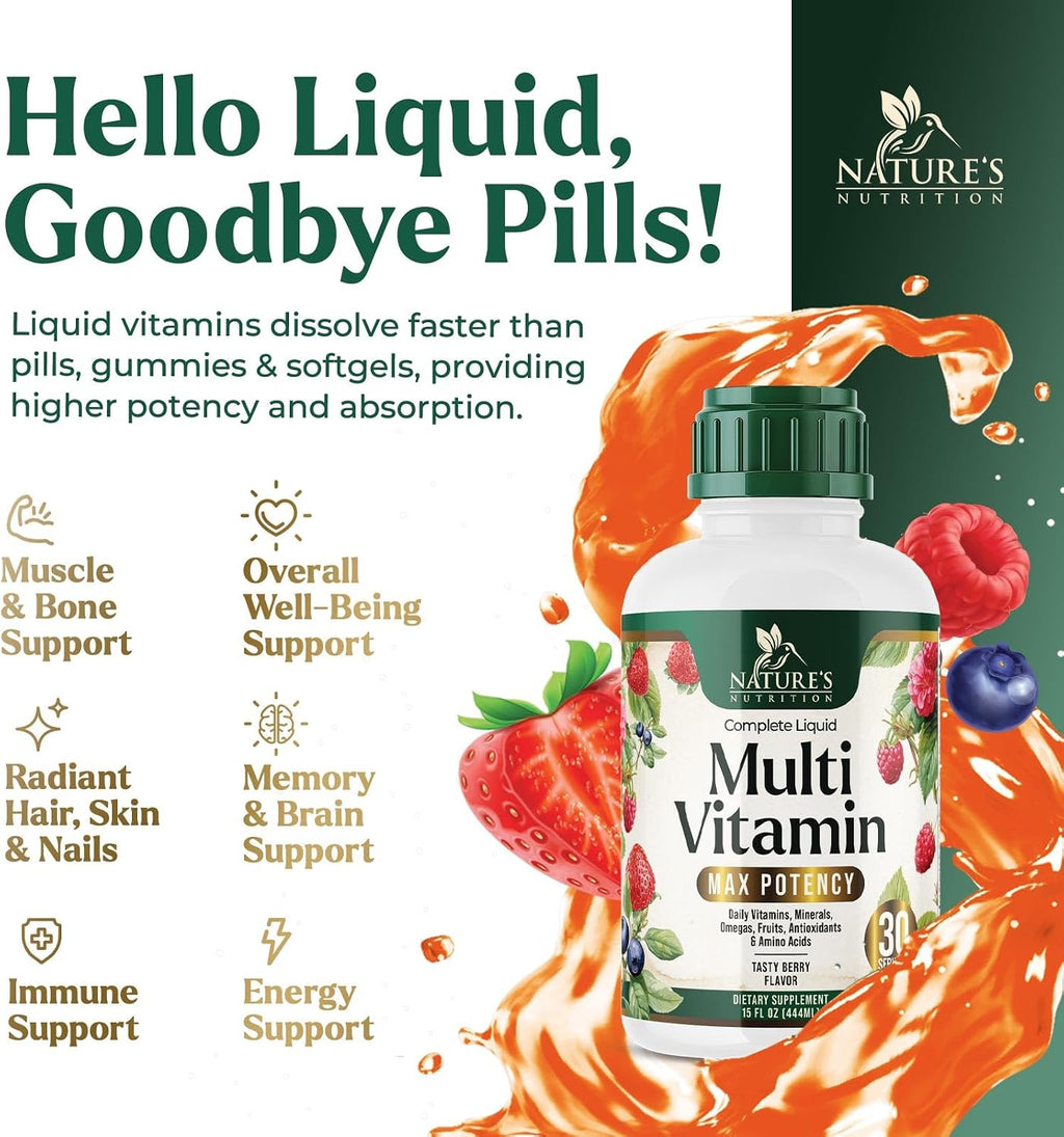Multivitamínico Líquido Sin Azúcar - Para Mujeres, Hombres y Niños - Vitaminas A, C, D, B12, Biotina y Zinc - Apoya el Crecimiento del Cabello y la Piel - Vegano, No-GMO, Sabor a Bayas, 444 ml