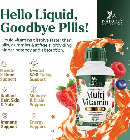 Multivitamínico Líquido Sin Azúcar - Para Mujeres, Hombres y Niños - Vitaminas A, C, D, B12, Biotina y Zinc - Apoya el Crecimiento del Cabello y la Piel - Vegano, No-GMO, Sabor a Bayas, 444 ml