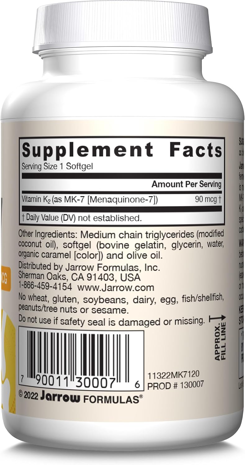 Jarrow Formulas MK-7 90mcg - Vitamina K2 (MK-7) - 120 Cápsulas Blandas (12 Envases)