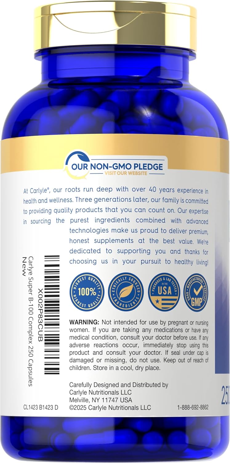 Carlyle Complejo B-100, 250 Cápsulas - Vitaminas B1, B2, B3, B6, B12, Biotina, Ácido Fólico e Inositol