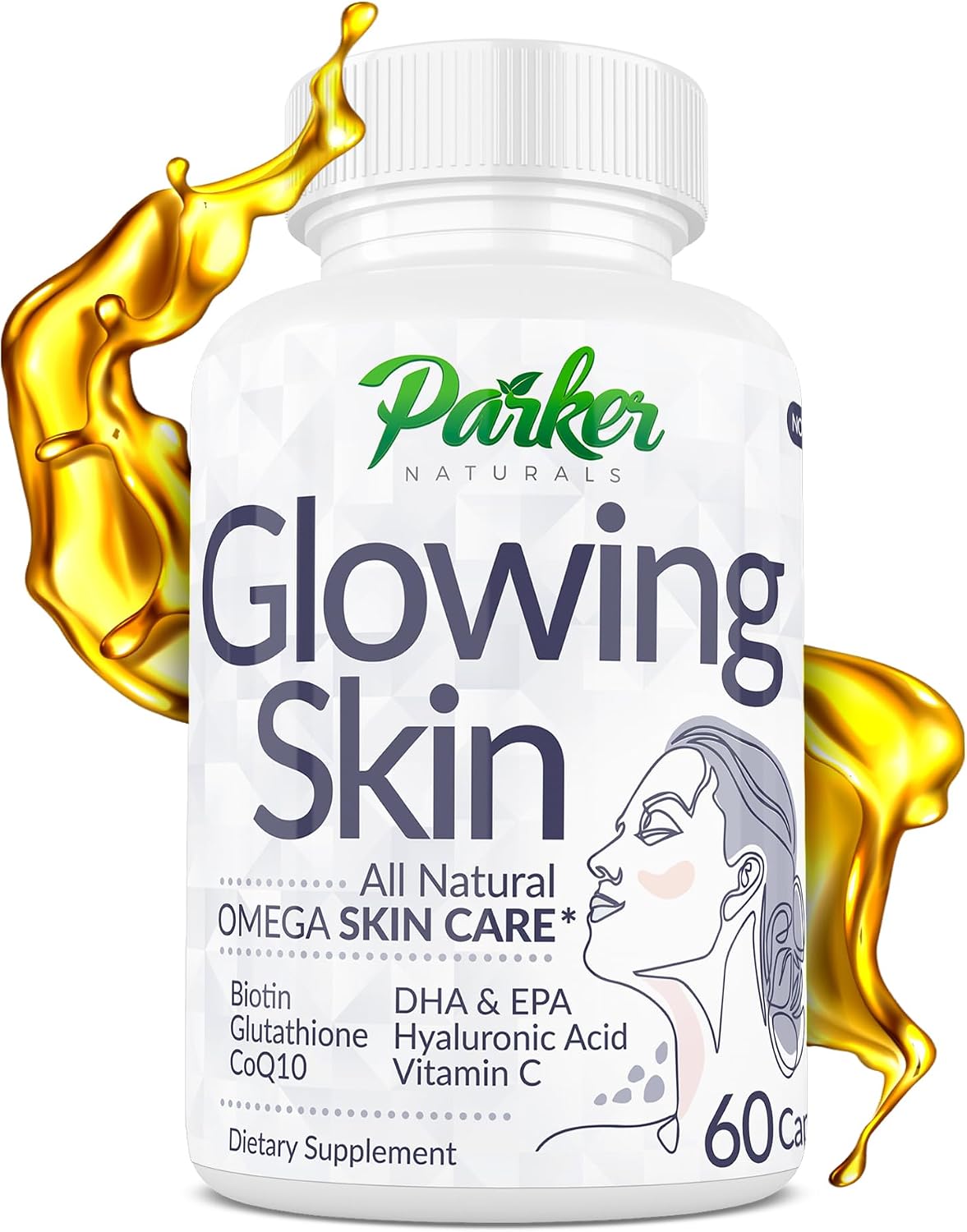Parker Naturals Glowing Skin Supplement - Biotina, Glutatión, Ácido Hialurónico, Omega 3, CoQ10, Vitamina C, 60 Cápsulas