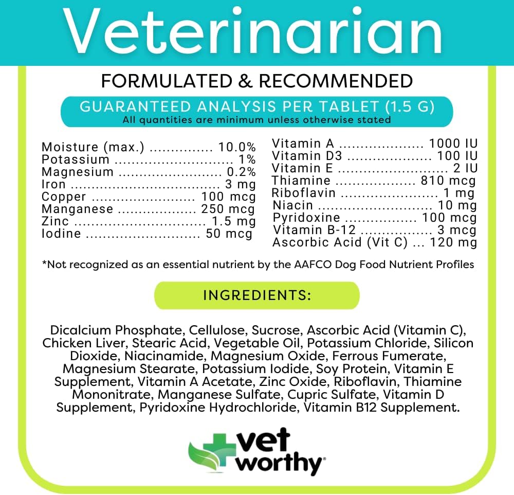 Vet Worthy Adult Multi Vitamins - Multivitamínico para Perros para Apoyar la Salud Óptima y el Bienestar General - Suplemento para Perros con Hierro, Magnesio, Zinc, Vitamina A, Vitaminas del Grupo B - Sabor a Hígado, 60 Comprimidos