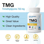 Puregen Labs TMG 750 mg – Trimetilglicina (Betaína) – Apoya niveles saludables de homocisteína – 60 cápsulas vegetales