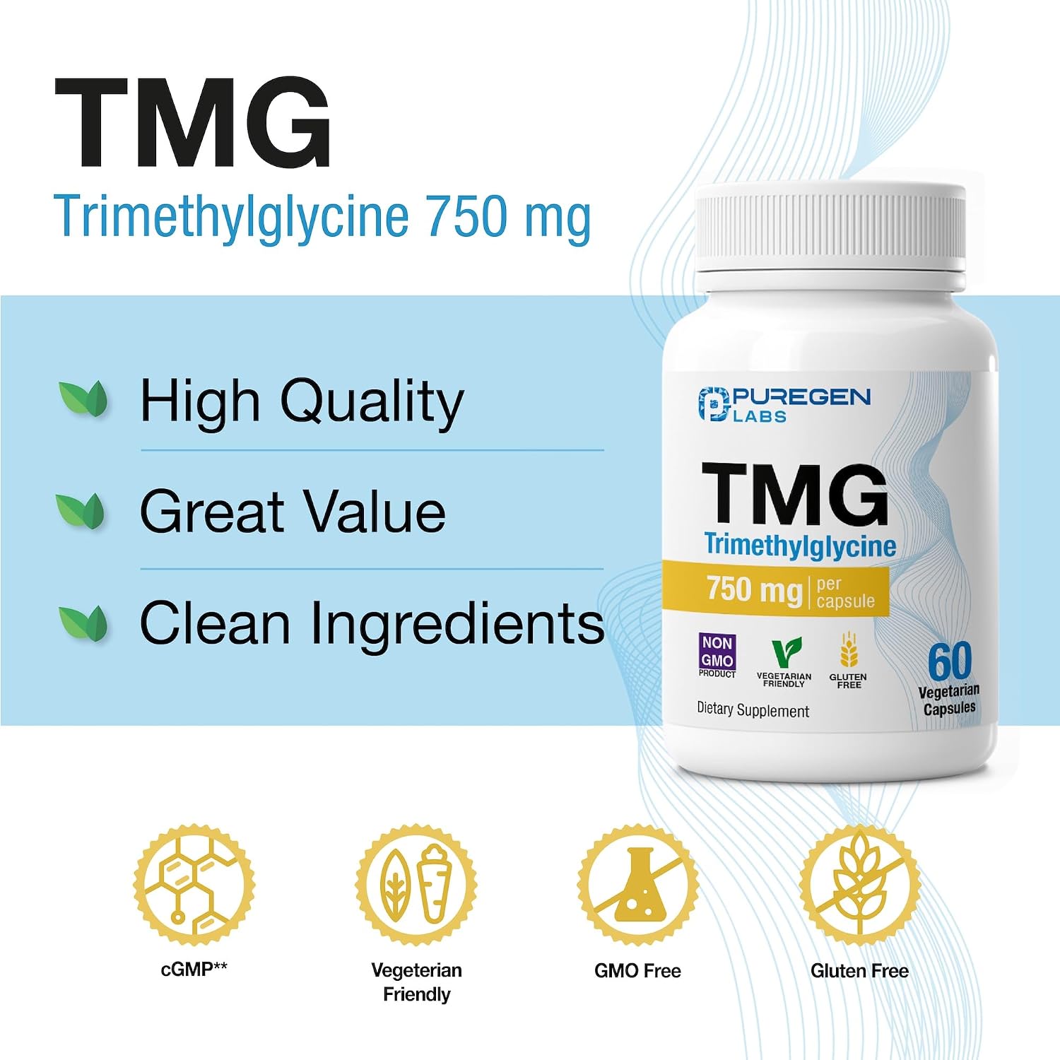 Puregen Labs TMG 750 mg – Trimetilglicina (Betaína) – Apoya niveles saludables de homocisteína – 60 cápsulas vegetales