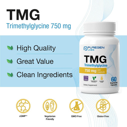 Puregen Labs TMG 750 mg – Trimetilglicina (Betaína) – Apoya niveles saludables de homocisteína – 60 cápsulas vegetales – Image 5