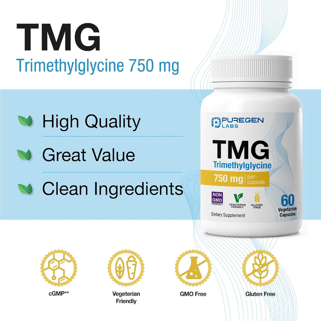 Puregen Labs TMG 750 mg – Trimetilglicina – Sin Gluten, Sin Lácteos, No-GMO – Pack de 3 | 180 Cápsulas Vegetarianas