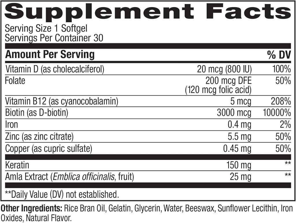 OLLY Ultra Strength Hair Softgels – Suplemento para el Cabello con Biotina, Keratina y Vitamina D (30 Cápsulas)