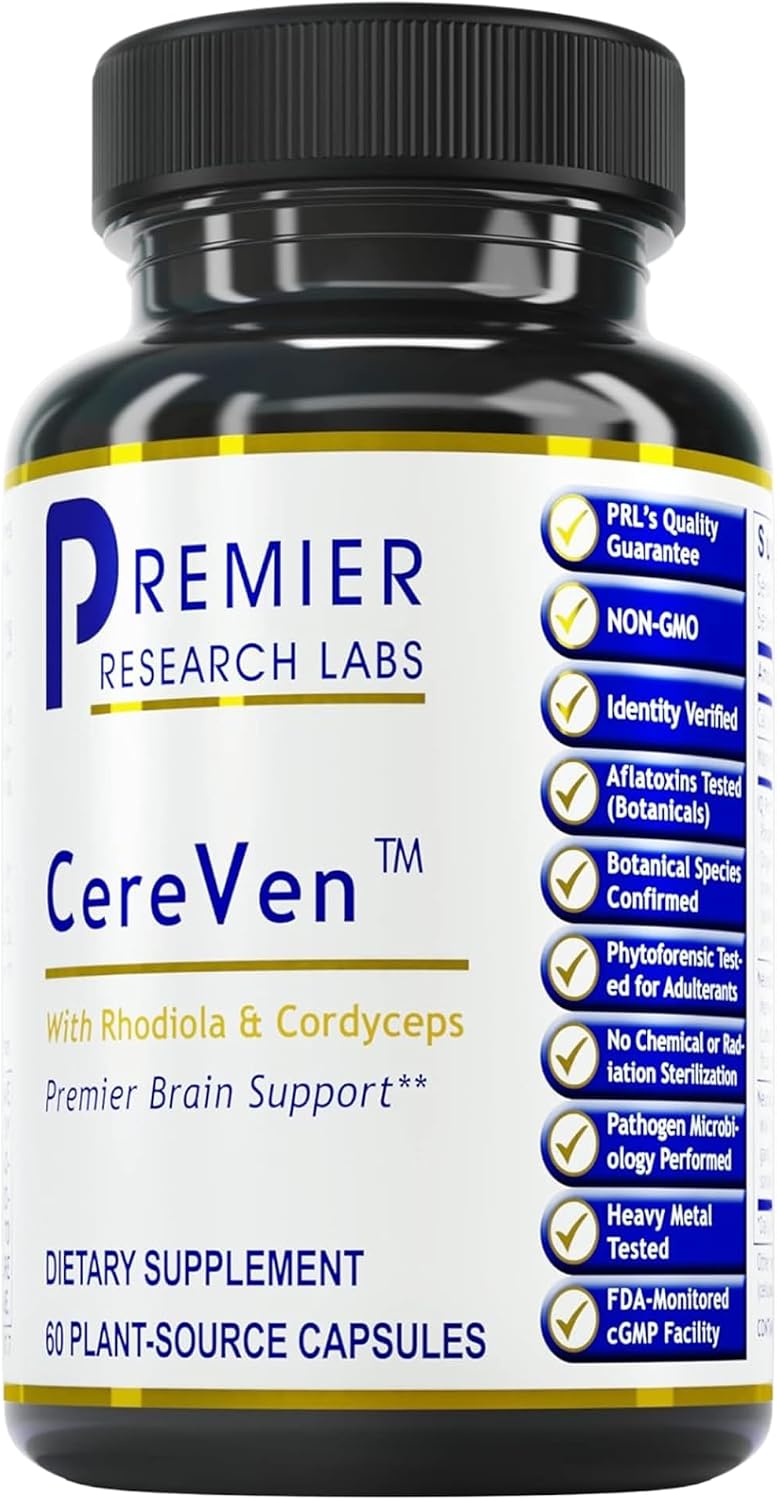 Premier Research Labs CereVen - Suplemento Cerebral Herbal para Memoria y Enfoque con Rhodiola Rosea - 60 Cápsulas Vegetarianas