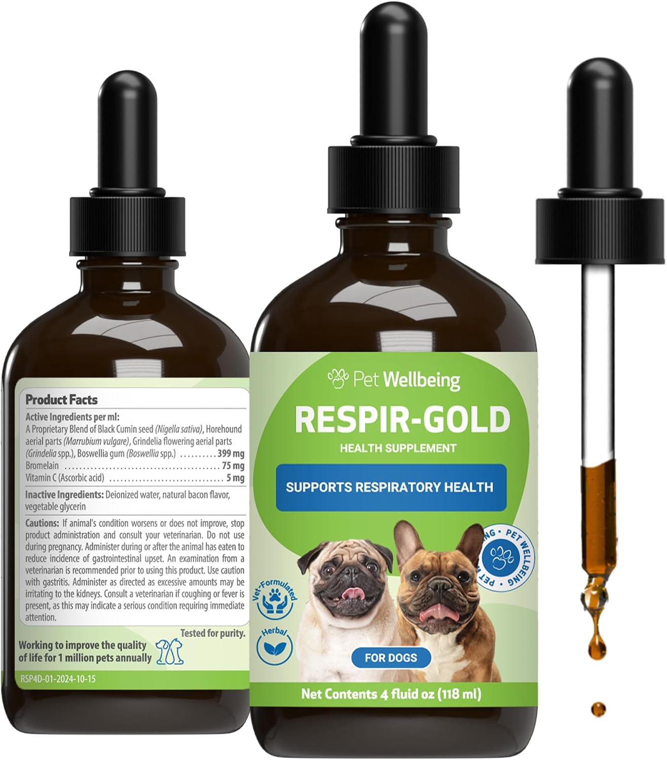Pet Wellbeing Respir-Gold para Perros - Suplemento Líquido para el Sistema Respiratorio y Pulmonar con Comino Negro y Boswellia, Sabor a Bacon Natural, 118 ml