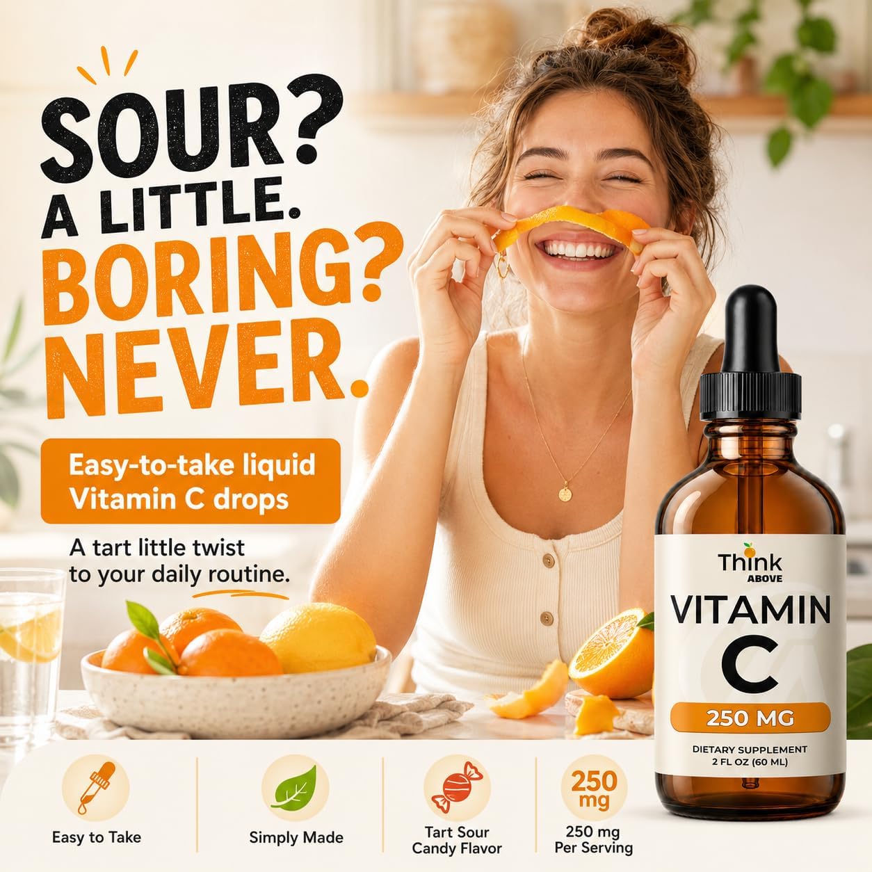 Think Above Vitamina C Líquida, 250 mg por Dosis, Ácido Ascórbico (L-ascórbico), 30 Dosis, 60 ml