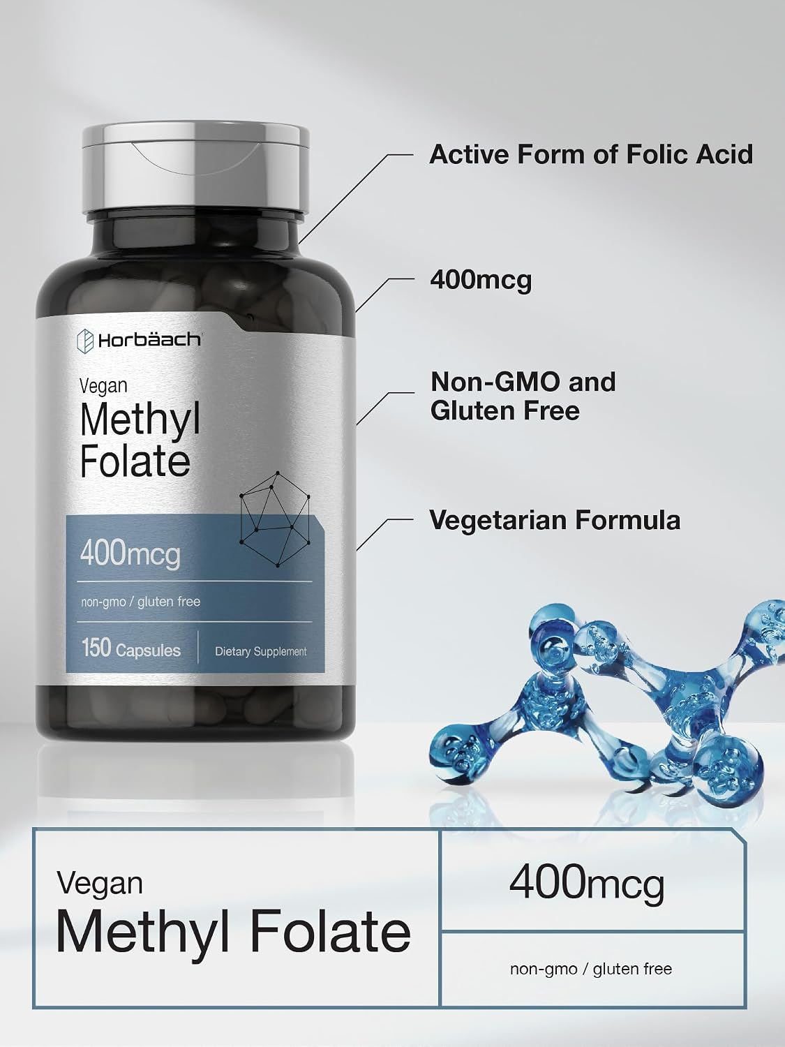 Horbäach Metilfolato 400 mcg | 150 Cápsulas Veganas | No-GMO, Sin Gluten | Complemento Alimenticio