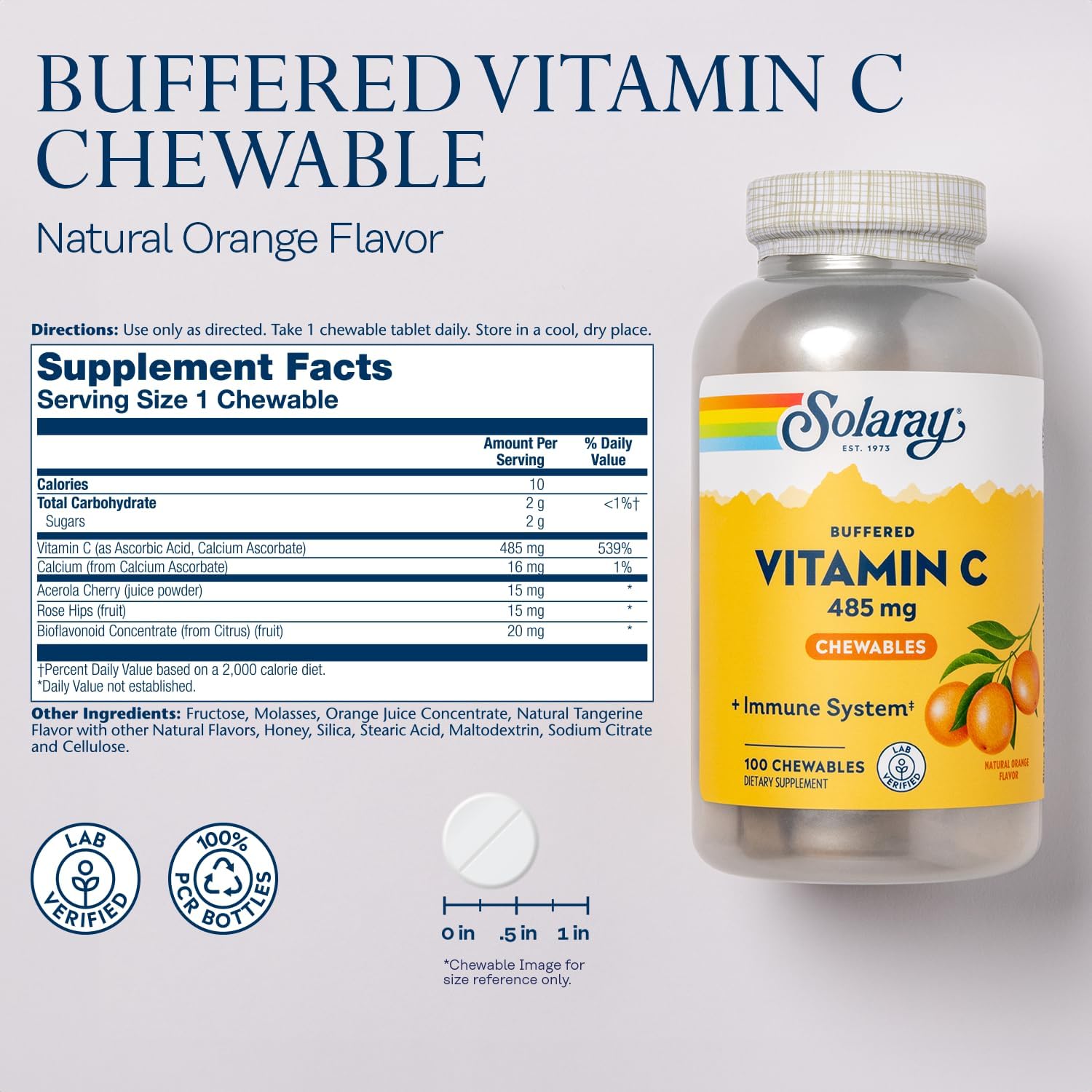 SOLARAY Vitamina C Masticable con Rosa Mosqueta y Acerola - 485 mg - 100 Comprimidos