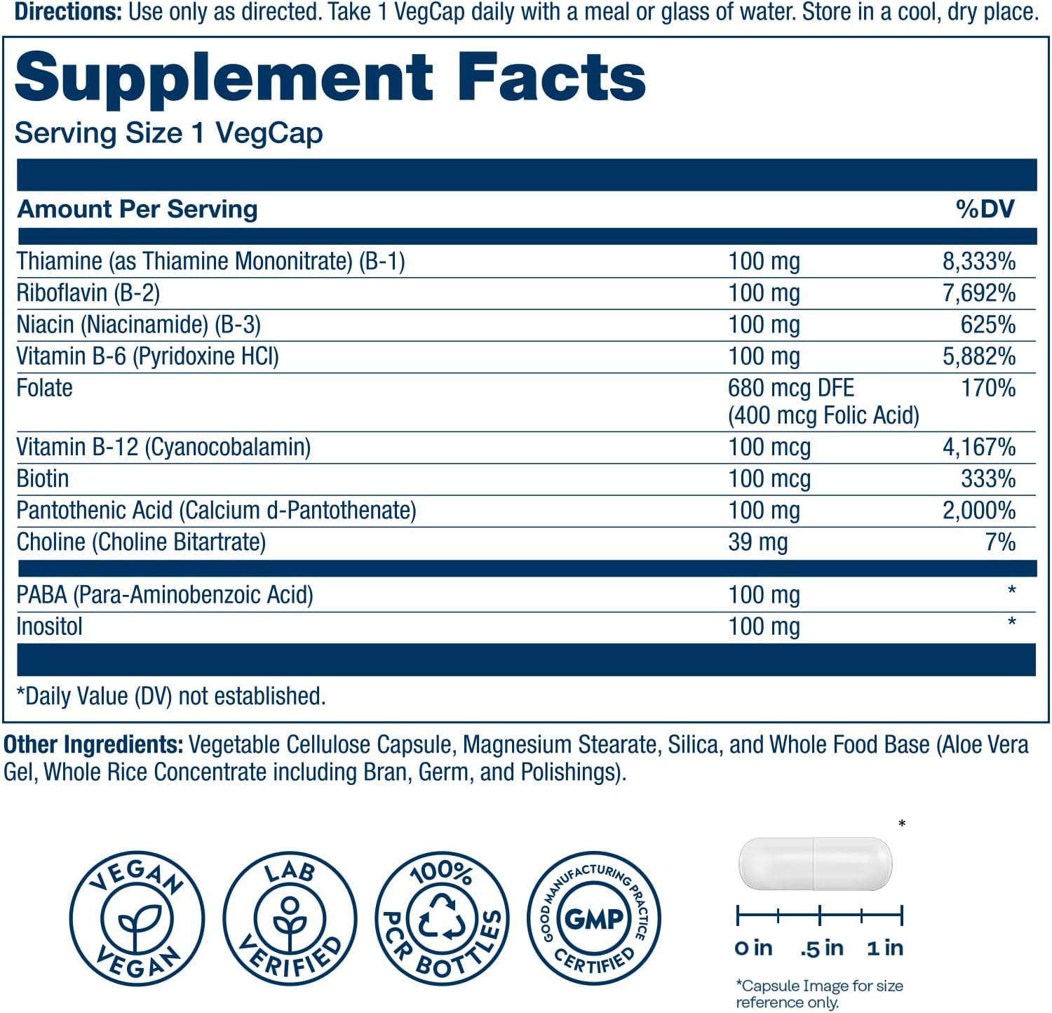 Solaray Complejo B 100 mg - 275 Cápsulas Veganas con 8 Vitaminas B, Inositol y Colina