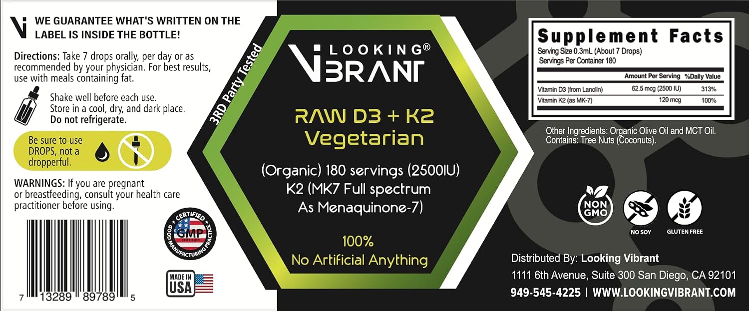 Vitamina D3 + K2 (MK-7) en Gotas Líquidas con Aceite MCT y Aceite de Oliva - Vegetariano, No-GMO, Sin Soja, Sin Gluten, Sin Alcohol, 1 Frasco, 60 ml - 180 Dosis (2500 UI por Dosis)