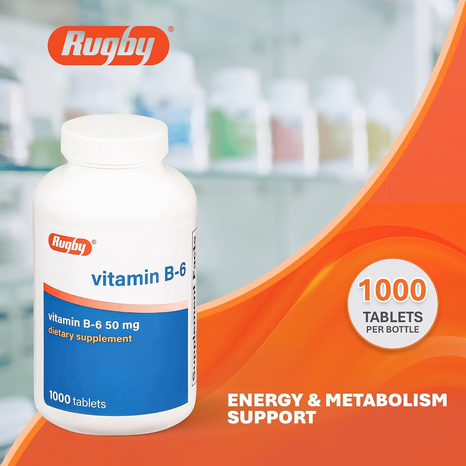 Rugby Vitamina B6 50 mg, 1000 Tabletas - Sin Gluten, Sin Conservantes
